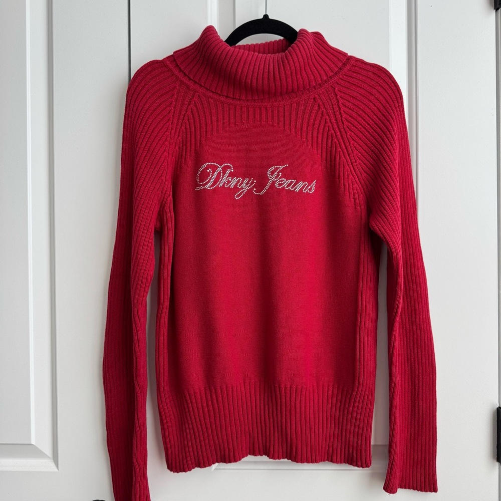 VINTAGE DKNY Rhinestone Logo Turtleneck Sweater Red XL